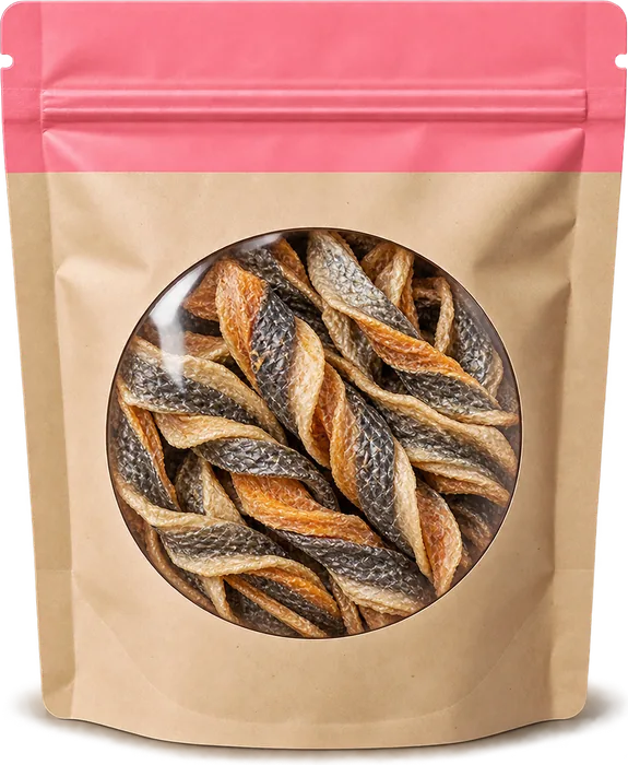 A pouch of salmon skin twists